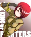  armlet bangle bracelet breasts jewelry king_of_fighters large_breasts military military_uniform okyou purple_eyes red_hair redhead salute short_hair snk solo uniform violet_eyes whip_(kof) 