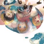  2boys ahoge black_hair blonde_hair blue_eyes child dress fate/zero fate_(series) frills gilgamesh lancer_(fate/zero) mary_janes mia0309 multiple_boys puddle red_eyes reflection saber shoes umbrella yellow_eyes young 