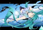  breasts closed_eyes eyes_closed green_hair hatsune_miku headphones letterboxed long_hair nashi_anzu outside_of_border skirt sky thigh-highs thighhighs twintails very_long_hair vocaloid 