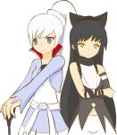  2girls black_hair blake_belladonna blue_eyes bow crossed_arms dress hair_bow multiple_girls ponytail ribbon rong_rong rwby simple_background smile tagme weiss_schnee white_background white_hair yellow_eyes 