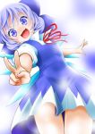  blue_dress blue_eyes blue_hair bow cirno dress fang from_below hair_bow jumper makoto5391 open_mouth shirt short_hair smile solo touhou v wings 