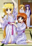  4girls absurdres arisa_bannings blonde_hair blue_eyes brown_hair fate_testarossa feet hairband hashimoto_takayoshi highres japanese_clothes kimono kneeling long_hair lyrical_nanoha mahou_shoujo_lyrical_nanoha mahou_shoujo_lyrical_nanoha_a&#039;s mahou_shoujo_lyrical_nanoha_the_movie_2nd_a&#039;s megami multiple_girls official_art purple_eyes purple_hair red_eyes scan takamachi_nanoha tsukimura_suzuka very_long_hair wink yukata 