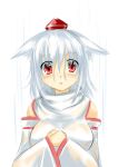  animal_ears blush bust detached_sleeves hat holding_hands hoshizuki_(seigetsu) inubashiri_momiji looking_at_viewer open_mouth rain red_eyes solo tokin_hat touhou wet white_hair wide_sleeves wolf_ears 