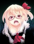  ascot bespectacled blonde_hair blush colored down_blouse face fang glasses ichiju looking_at_viewer matsuyama_nozomu ogami_kazuki one_side_up open_mouth red-framed_glasses red_eyes rumia solo the_embodiment_of_scarlet_devil touhou youkai 