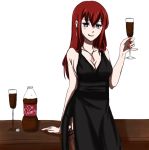  black_dress blue_eyes breasts cleavage cup dr_pepper drawfag dress earrings formal garter_straps jewelry makise_kurisu nail_polish necklace red_hair redhead seductive_smile side_slit sideboob solo steins;gate thigh-highs thighhighs wine_glass 