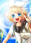  blonde_hair blue_eyes blush kagamine_rin looking_at_viewer open_mouth semaru smile solo vocaloid 