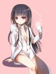  :&lt; black_hair blush breasts breasts_apart cup inu_x_boku_ss lma long_hair looking_at_viewer naked_shirt no_pants open_clothes open_shirt pink_background purple_eyelashes purple_eyes shirakiin_ririchiyo simple_background sitting solo steam translation_request violet_eyes 