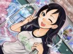  :d ;d black_hair breasts character_request cherry_blossoms flower heart holding idolmaster idolmaster_cinderella_girls long_hair nerotarou@seven open_mouth outline photo_(object) picture pink_eyes see-through smile solo trainer_(idolmaster) window wink 