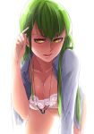  1girl aconitea bra breasts c.c. cleavage code_geass dress_shirt geass green_hair jewelry lace-trimmed_bra leaning_forward lingerie necklace shirt underwear yellow_eyes 