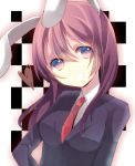  :d animal_ears bad_id blue_eyes brown_hair bunny_ears checkered checkered_background mihatarou necktie open_mouth reisen_udongein_inaba smile solo touhou 