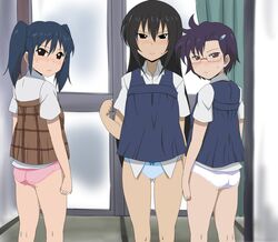  annoyed ass black_hair blue_hair blue_panties blush bow bow_panties brown_eyes danshi_koukousei_no_nichijou glasses hair_ornament hairclip ikushima_(danshi_koukousei) multiple_girls no_pants panties pink_panties school_uniform skirt sweatdrop tsubaki_(tsubakiyasan) twintails underwear upskirt white_panties yanagin&#039;s_senpai yanagin's_senpai yanagin_(danshi_koukousei) 