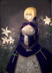  2011 ahoge bad_id blonde_hair dated dress fate/stay_night fate_(series) flower green_eyes grey_background hair_ribbon highres nibanmachi_wakai ribbon saber short_hair solo standing 