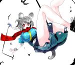  1girl animal_ears capelet dowsing_rod dress grey_hair highres jewelry long_sleeves mouse_ears mouse_tail nazrin open_mouth pendant red_eyes red_scarf scarf shirt shoes short_hair skirt smile solo tail touhou 
