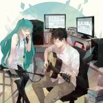  1boy 1girl ayakii black_hair chair closed_eyes green_hair guitar hatsune_miku highres instrument long_hair microphone microphone_stand monitor necktie open_mouth singing sitting skirt speaker stool thigh-highs twintails very_long_hair vocaloid 