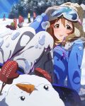  1girl :p brown_eyes brown_hair gloves goggles goggles_on_head hagiwara_yukiho idolmaster idolmaster_million_live! looking_at_viewer million_live_card official_art solo solo_focus tongue tongue_out 