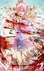  :d blood broken_glass cellphone checkered checkered_floor gasai_yuno glass hair_ribbon kurosawa_tomo long_hair mirai_nikki open_mouth phone pink_hair red_eyes ribbon school_uniform skirt smile solo 