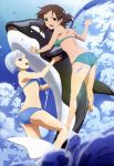  absurdres ass bikini blue_hair brown_hair cloud fin_e_ld_si_laffinty highres kyouno_madoka legs multiple_girls nyantype official_art open_mouth orca purple_eyes rinne_no_lagrange scan short_hair sky swimsuit violet_eyes water whale 