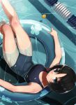  absurdres afloat artist_request bare_shoulders black_hair blue_eyes blush bob_cut from_above hareno_chiame highres innertube lane_line legs looking_at_viewer looking_up lying on_back one-piece_swimsuit original partially_submerged pool rubber_duck scan school_swimsuit short_hair solo swimsuit thighs upside-down water wet 