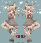  2girls animal_ears back-to-back belt bow brown_hair cat_ears cat_tail claw_pose commentary elbow_gloves eyebrows_visible_through_hair fang frilled_skirt frills fur_collar gloves high-waist_skirt highres jungle_cat_(kemono_friends) kemono_friends kolshica leg_up light_brown_hair multicolored_hair multiple_girls neck_ribbon ribbon short_hair short_sleeves skirt tail tail_bow thigh-highs twintails yellow_eyes 
