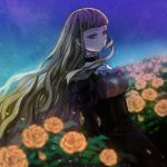  alternate_hairstyle bad_id bangs beatrice blonde_hair blunt_bangs blurry bow choker depth_of_field dress dutch_angle expressionless flower green_eyes hair_down long_hair looking_at_viewer popompon puffy_sleeves rose solo stare striped striped_dress tears umineko_no_naku_koro_ni yellow_rose 