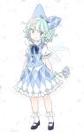  1girl adapted_costume argyle blue_eyes blue_hair bobby_socks bow cirno dress flower hair_bow ice ice_wings mary_janes miy pointy_ears shoes short_hair socks solo touhou white_legwear wings 