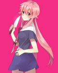  blush bow cellphone gasai_yuno hair_bow knife linaria_(ookinahitomi) looking_back mirai_nikki phone pink_hair punk_hair red_eyes school_uniform simple_background skirt smile solo twintails weapon yandere 