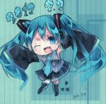  2012 bad_id blue_eyes blue_hair chibi_miku dated detached_sleeves fang hatsune_miku lined_paper long_hair mihatarou necktie skirt sleeves_past_wrists solo star thigh-highs thighhighs twintails vocaloid wink 
