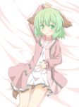  1girl :o animal_ears arm_up blush collar dress green_eyes green_hair hand_on_stomach kasodani_kyouko long_sleeves lying on_back on_bed open_dress shino_megumi short_hair solo tail touhou 