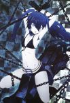  absurdres arms_behind_head belt bikini_top black_hair black_rock_shooter black_rock_shooter_(character) boots chain chains checkered collar flat_chest front-tie_top gloves highres huge_weapon long_hair navel nyantype official_art scan short_shorts shorts solo straddle thighs twintails weapon white_skin 
