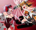  bodysuit boots breasts brown_eyes brown_hair cleavage gatling_gun gun headphones large_breasts purple_eyes purple_hair reizou senki_zesshou_symphogear tachibana_hibiki_(symphogear) thigh-highs thigh_boots thighhighs twintails violet_eyes weapon yukine_chris yukine_kurisu 