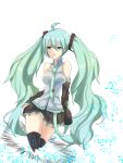  ahoge bare_shoulders detached_sleeves green_eyes green_hair hatsune_miku izumi long_hair musical_note necktie skirt solo thigh-highs thighhighs twintails very_long_hair vocaloid 