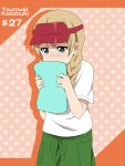  blonde_hair blue_eyes blush braid character_name covering covering_face covering_mouth holding ikari_manatsu k-on! kotobuki_tsumugi polka_dot polka_dot_background solo t-shirt tears visor_cap 