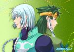  aqua_eyes butterfly circlet green_background green_hair long_hair male multiple_boys tales_of_(series) tales_of_rebirth tytree_crowe veigue_lungberg white_hair yellow_eyes ytk 