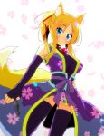  animal_ears blonde_hair blue_eyes blush breasts dog_days fingerless_gloves fox_ears fox_tail gloves hand_on_hip hips japanese_clothes kunai looking_at_viewer short_hair smile solo sw tail thigh-highs thighhighs weapon yukikaze_panettone 