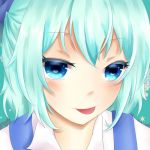  :p blue_eyes blue_hair bow bust cirno close-up dress hair_bow looking_at_viewer lowres rinne-fall shirt short_hair sky snowflakes solo star_(sky) starry_sky tongue tongue_out touhou tree 