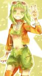  :d breasts goggles goggles_on_head green_eyes green_hair grin gumi kinomukumama musical_note navel open_mouth shorts smile solo star suspenders under_boob underboob v vocaloid 