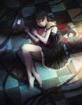  bad_id barefoot black_dress black_hair blood blood_splatter cellphone checkered checkered_floor dress long_hair lying on_side original parted_lips phone seafh solo strap_slip sunbeam sunlight yellow_eyes 