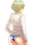  alternate_hair_color ass bad_id blonde breasts competition_swimsuit dress_shirt from_behind legs long_sleeves looking_away one-piece_swimsuit persona persona_4 shirogane_naoto shirt short_hair solo swimsuit zan96 