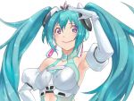  1girl aqua_hair arm_up armpits elbow_gloves gloves hatsune_miku highres liviech long_hair racequeen smile solo twintails violet_eyes vocaloid white_background 