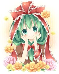  blush brown_dress dress flower green_eyes green_hair hair_ribbon kagiyama_hina ribbon smile solo tamichan touhou 