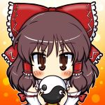  ascot ball blush bow brown_eyes brown_hair covering covering_face covering_mouth detached_sleeves eruru_(erl) eruru_(pixiv356391) hair_bow hair_tubes hakurei_reimu highres holding miko solo touhou yin_yang 