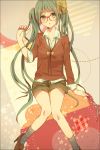  bad_id bespectacled bow glasses green_eyes green_hair hair_bow hatsune_miku head_tilt high_heels highres legs long_hair nigoru open_mouth shoes shorts sitting socks solo striped striped_socks twintails very_long_hair vocaloid 