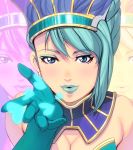  aqua_hair bad_id bare_shoulders blue_eyes blue_rose_(tiger_&amp;_bunny) breasts bust cleavage earrings face gloves hat heart jewelry karina_lyle kiss lips lipstick looking_at_viewer makeup masao pointing solo superhero tiger_&amp;_bunny zoom_layer 