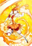  bike_shorts boots bowtie bridal_gauntlets character_name choker clenched_hand cure_sunny fire fist gloves grin hair_bun hino_akane kitano_tomotoshi orange_(color) orange_background orange_eyes orange_hair precure short_hair shorts_under_skirt smile smile_precure! solo thigh-highs thigh_boots thighhighs tiara title_drop white_legwear 