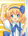  alice_margatroid alice_margatroid_(pc-98) arm_up blonde_hair blue_eyes blush bow child clenched_hands dress_shirt fist hair_bow headband highres light_particles looking_at_viewer neckerchief open_mouth polka_dot polka_dot_background puffy_sleeves raised_fist shinekalta shirt short_hair short_sleeves solo striped striped_background teeth touhou touhou_(pc-98) 
