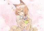  animal_ears blush brown_eyes brown_hair cat_ears heart highres hrd open_mouth original outstretched_arm outstretched_hand smile solo sweater 