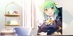  game_cg gradient_hair green_hair highres kaminoyu koushina_ayano multicolored_hair orange_eyes ribbon tea 