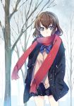  bow brown_eyes brown_hair cardigan coat hands_in_pockets inato_serere looking_at_viewer nature original pleated_skirt red_scarf scarf school_uniform short_hair skirt sky smile snow snowing solo sweater_vest 
