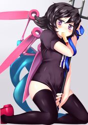  asymmetrical_wings black_hair black_legwear blush dress food gigokku houjuu_nue kneeling mouth_hold red_eyes short_hair shrimp snake solo tempura thigh-highs thighhighs touhou weapon wings zettai_ryouiki 