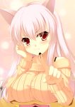  animal_ears blush bowl bra_strap breast_rest breasts cat_ears chin_rest chocolate collarbone cream kitsune_neko kitsune_neko_(koneko) large_breasts long_hair original pink_hair red_eyes ribbed_sweater solo spatula sweater valentine 